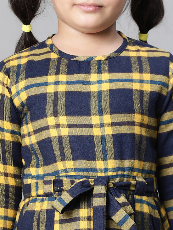 Kids Girl Multicolor Brush Check Round Neck Long Sleeve Tie-Knot Waist Belted Flare Cotton Dress-W23628GDR005