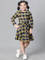 Kids Girl Multicolor Brush Check Round Neck Long Sleeve Tie-Knot Waist Belted Flare Cotton Dress-W23628GDR005