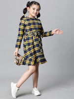 Kids Girl Multicolor Brush Check Round Neck Long Sleeve Tie-Knot Waist Belted Flare Cotton Dress-W23628GDR005