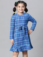 Kids Girl Blue Brush Check Round Neck Long Sleeve Tie-Knot Waist Belted Flare Cotton Dress-W23628GDR006