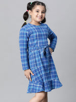 Kids Girl Blue Brush Check Round Neck Long Sleeve Tie-Knot Waist Belted Flare Cotton Dress-W23628GDR006