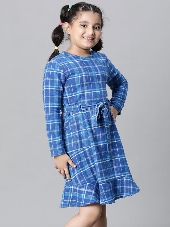 Kids Girl Blue Brush Check Round Neck Long Sleeve Tie-Knot Waist Belted Flare Cotton Dress-W23628GDR006