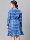 Kids Girl Blue Brush Check Round Neck Long Sleeve Tie-Knot Waist Belted Flare Cotton Dress-W23628GDR006