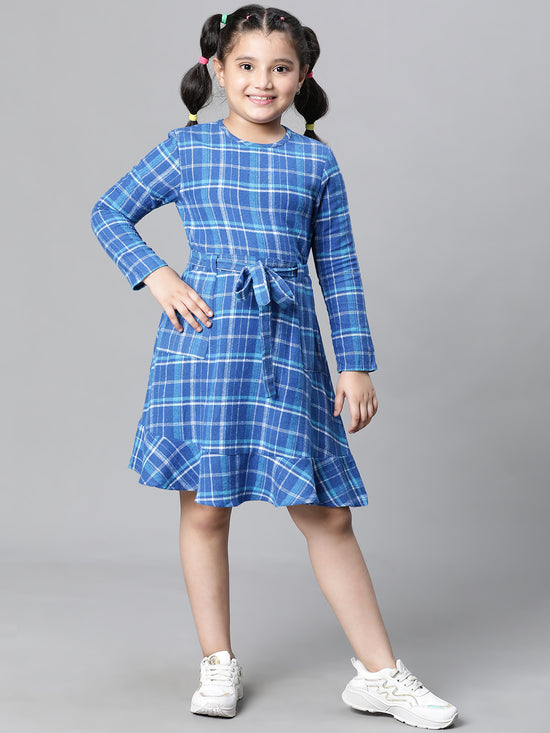 Kids Girl Blue Brush Check Round Neck Long Sleeve Tie-Knot Waist Belted Flare Cotton Dress-W23628GDR006