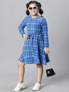 Kids Girl Blue Brush Check Round Neck Long Sleeve Tie-Knot Waist Belted Flare Cotton Dress-W23628GDR006