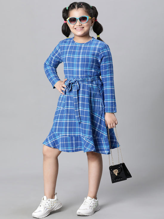 Kids Girl Blue Brush Check Round Neck Long Sleeve Tie-Knot Waist Belted Flare Cotton Dress-W23628GDR006