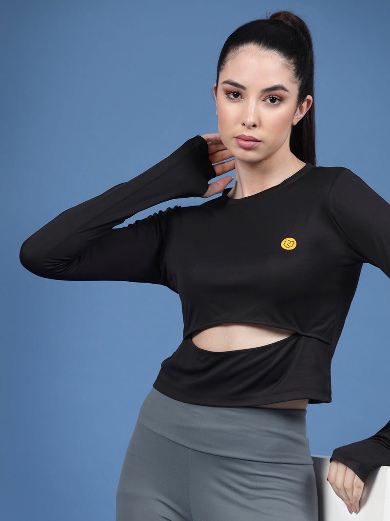 Rigo Solid Full Sleeves Round Neck Slim Fit Women Active Wear Crop Top
