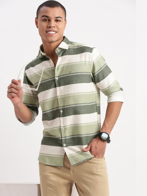 Men Horizontal Stripes Green Shirt-WikiStripes-1068-Green