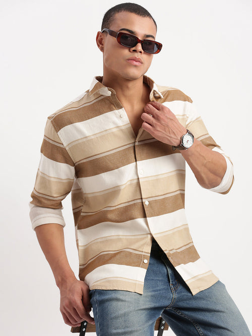 Men Horizontal Stripes Brown Shirt-WikiStripes-1069-Brown