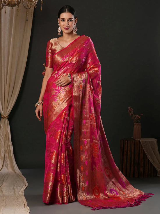 Saree Mall Women's Organza Pink Woven Design Designer Saree With Blouse Piece-YARYA111A