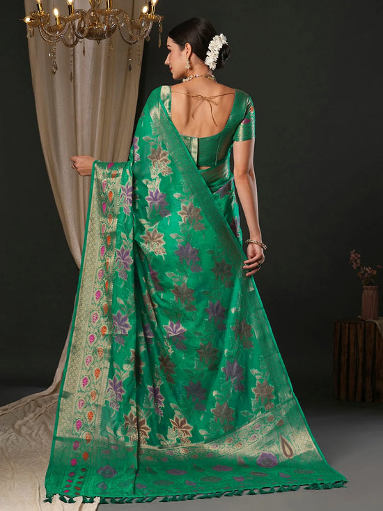 Saree Mall Women's Organza Sea Green Woven Design Designer Saree With Blouse Piece-YARYA111D