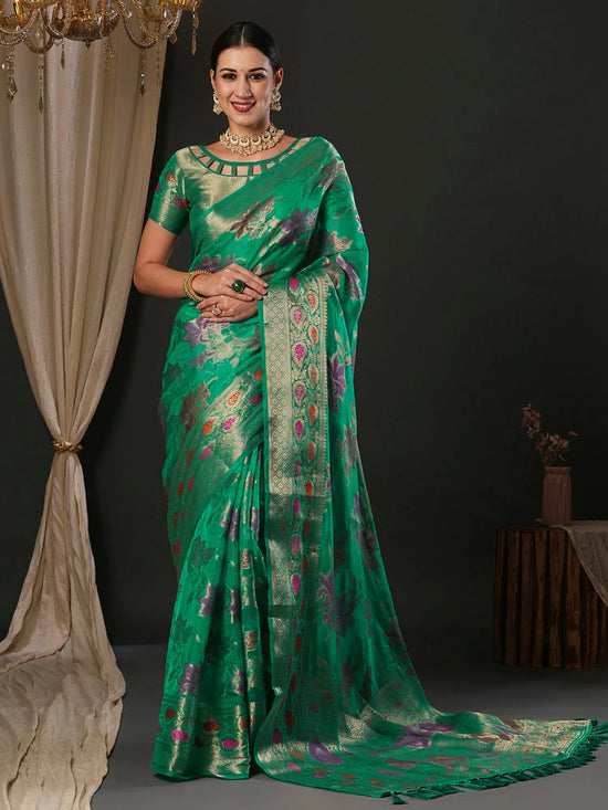 Saree Mall Women's Organza Sea Green Woven Design Designer Saree With Blouse Piece-YARYA111D