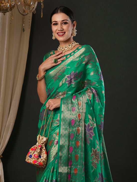 Saree Mall Women's Organza Sea Green Woven Design Designer Saree With Blouse Piece-YARYA111D