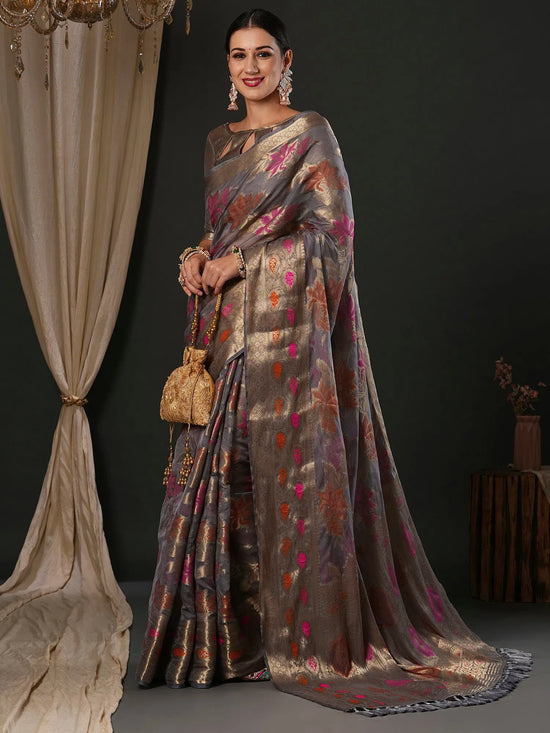 Saree Mall Women's Organza Grey Woven Design Designer Saree With Blouse Piece-YARYA111G