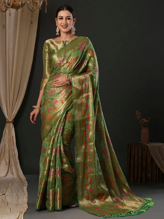 Saree Mall Women's Organza Light Green Woven Design Designer Saree With Blouse Piece-YARYA111H