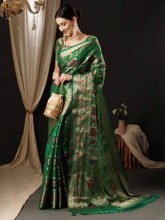 Saree Mall Women's Organza Teal Green Woven Design Designer Saree With Blouse Piece-YARYA112E