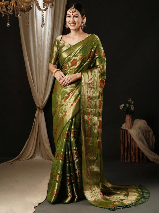 Saree Mall Women's Organza Olive Woven Design Designer Saree With Blouse Piece-YARYA112H