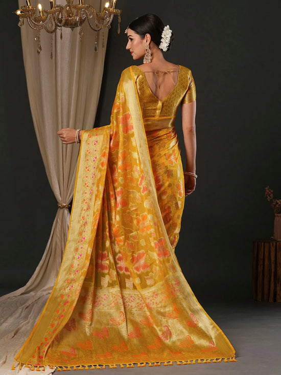 Saree Mall Women's Organza Yellow Woven Design Designer Saree With Blouse Piece-YARYA113D