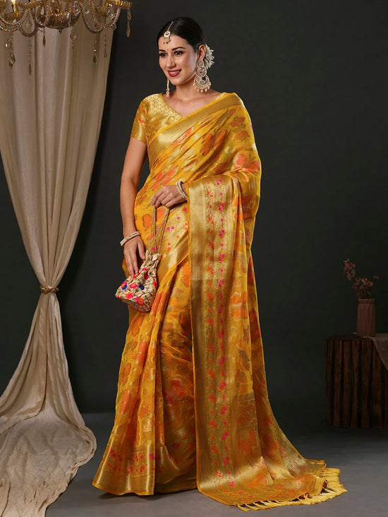 Saree Mall Women's Organza Yellow Woven Design Designer Saree With Blouse Piece-YARYA113D