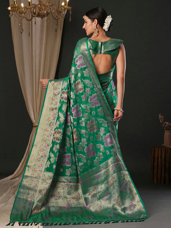 Saree Mall Women's Organza Teal Green Woven Design Designer Saree With Blouse Piece-YARYA113F