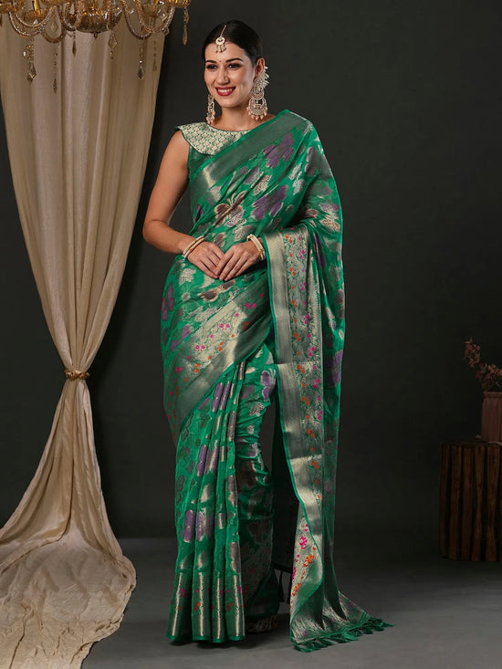 Saree Mall Women's Organza Teal Green Woven Design Designer Saree With Blouse Piece-YARYA113F