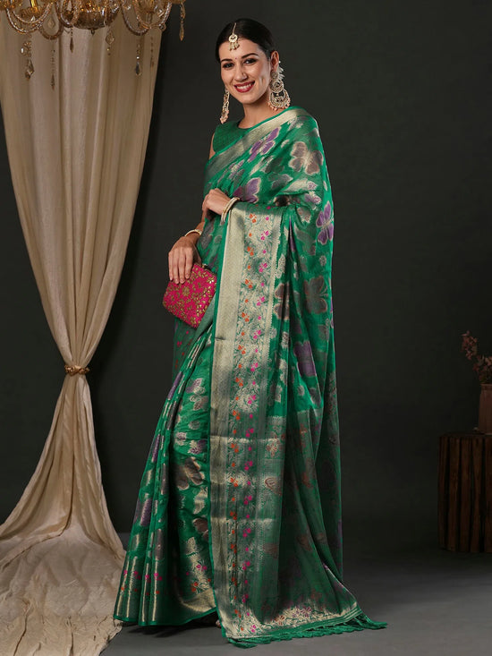 Saree Mall Women's Organza Teal Green Woven Design Designer Saree With Blouse Piece-YARYA113F