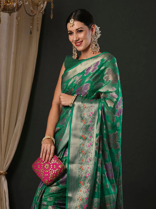 Saree Mall Women's Organza Teal Green Woven Design Designer Saree With Blouse Piece-YARYA113F