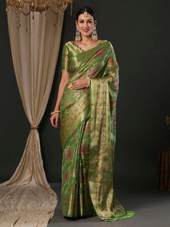 Saree Mall Women's Organza Light Green Woven Design Designer Saree With Blouse Piece-YARYA113G