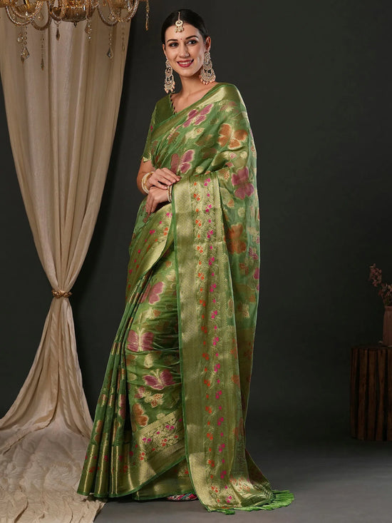 Saree Mall Women's Organza Light Green Woven Design Designer Saree With Blouse Piece-YARYA113G