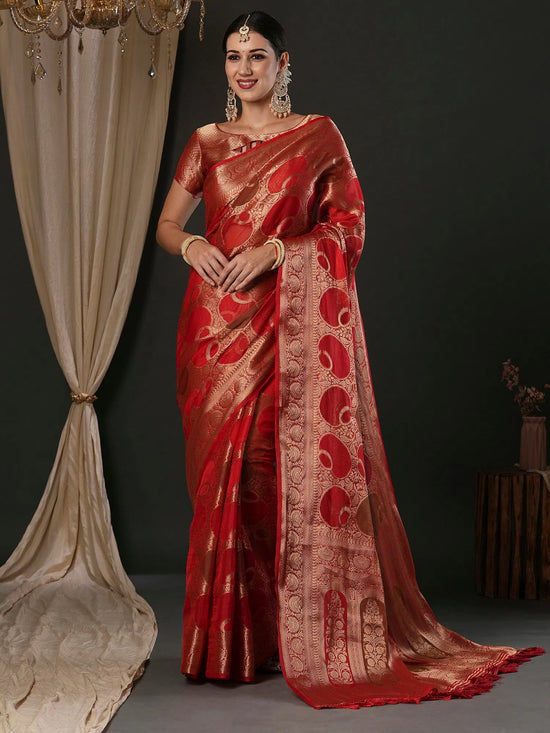 Saree Mall Women's Georgette Red Woven Design Designer Saree With Blouse Piece-YARYA123H