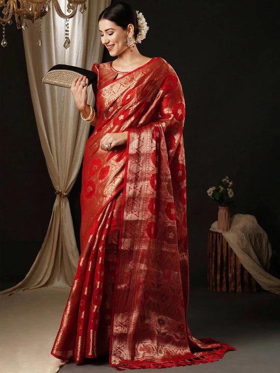 Saree Mall Women's Organza Red Woven Design Designer Saree With Blouse Piece-YARYA125G