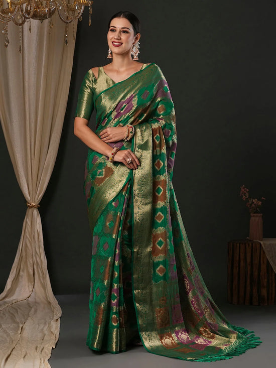 Saree Mall Women's Organza Teal Green Woven Design Designer Saree With Blouse Piece-YARYA126B