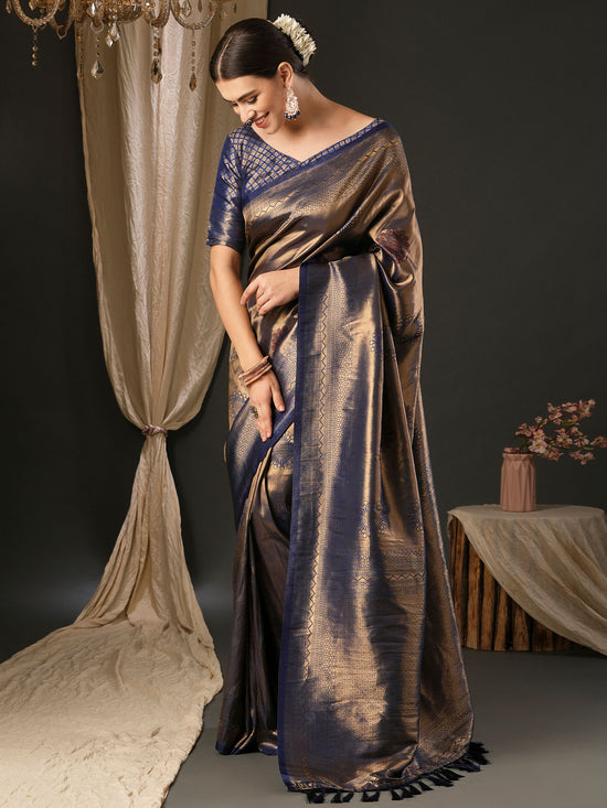 Saree Mall Women's  Blend Navy Blue Woven Design Designer Saree With Blouse Piece-YARYA203