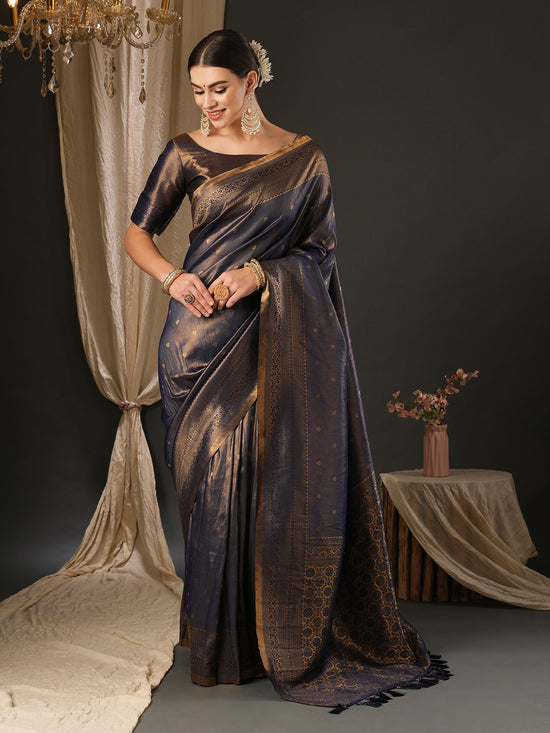 Saree Mall Women's  Blend Navy Blue Woven Design Designer Saree With Blouse Piece-YARYA2401