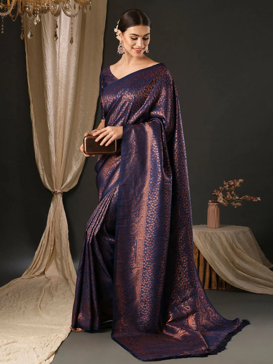 Saree Mall Women's  Blend Navy Blue Woven Design Designer Saree With Blouse Piece-YARYA2402