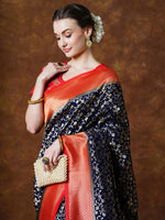 Saree Mall Women's Georgette Navy Blue Woven Design Designer Saree With Blouse Piece-YARYAPRM103