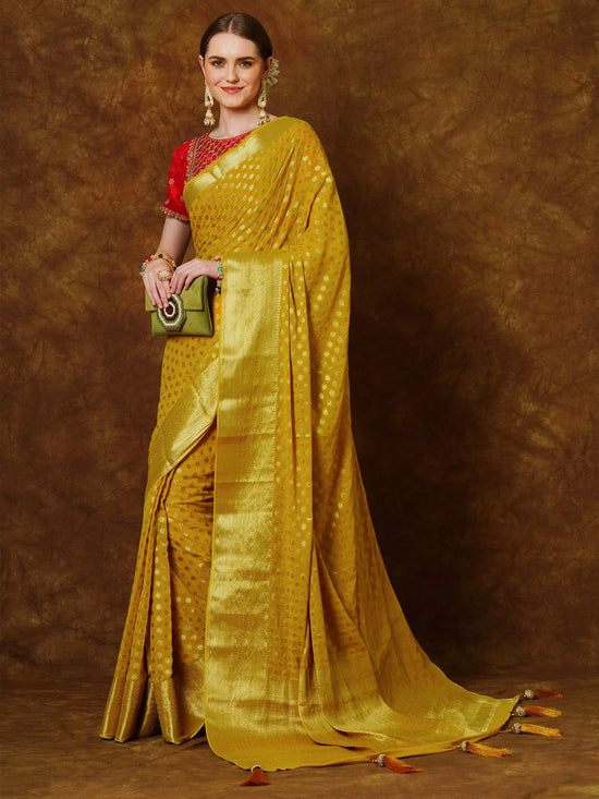 Saree Mall Women's Georgette Yellow Woven Design Designer Saree With Blouse Piece-YARYAPRM105