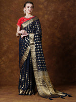 Saree Mall Women's Georgette Navy Blue Woven Design Designer Saree With Blouse Piece-YARYAPRM108