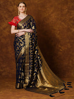 Saree Mall Women's Georgette Navy Blue Woven Design Designer Saree With Blouse Piece-YARYAPRM112