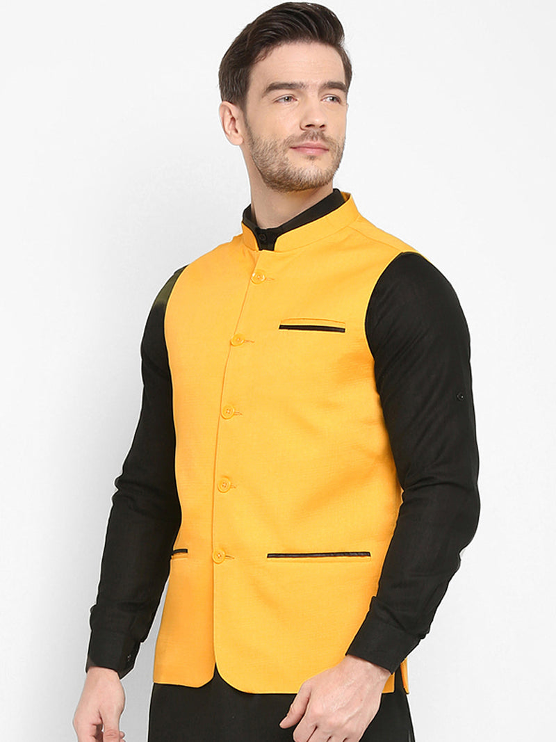 Hangup Men Standard Solid Men's Indian Wear-Yellow_Jute1_Nehru