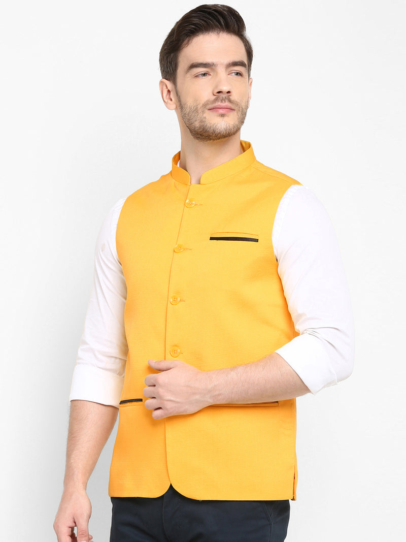 Hangup Men Standard Solid Men's Indian Wear-Yellow_Jute_Nehru