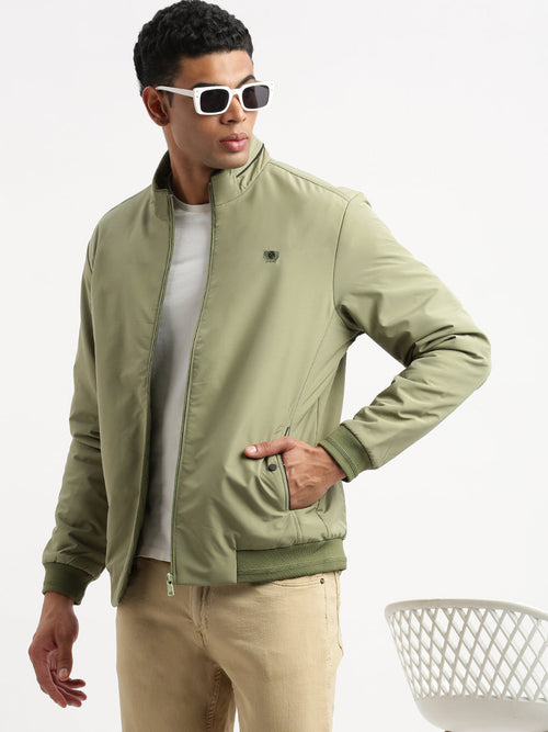 Men Mock Collar Green Solid Bomber Jacket-ZD-3407-Green