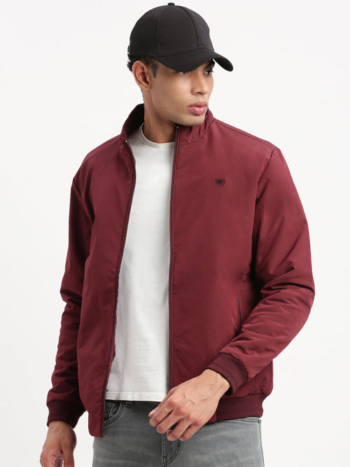 Men Mock Collar Maroon Solid Bomber Jacket-ZD-3407-Maroon