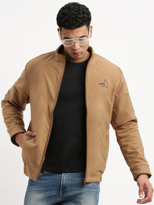 Men Mock Collar Khaki Solid Bomber Jacket-ZD-3408-Khaki