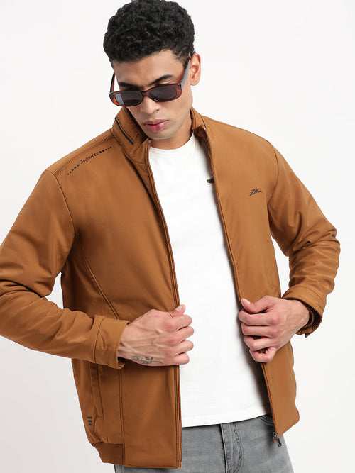 Men Mock Collar Brown Solid Bomber Jacket-ZD-3409-Brown