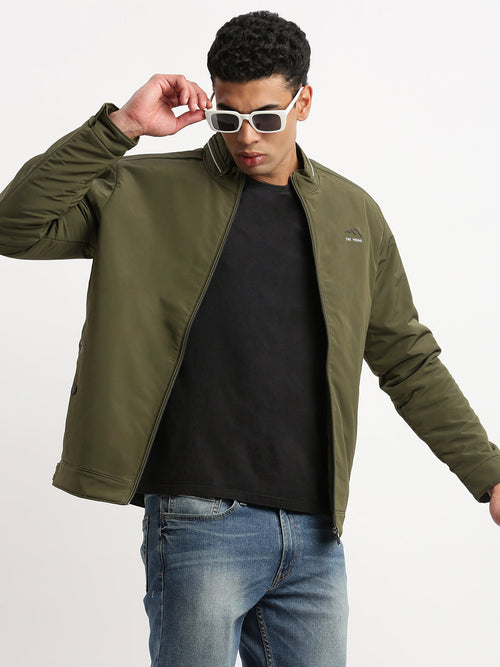 Men Mock Collar Olive Solid Bomber Jacket-ZD-3410-Olive