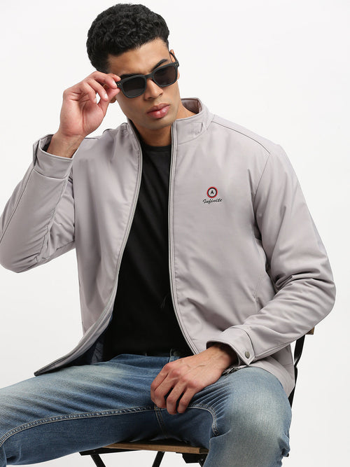 Men Mock Collar Grey Solid Bomber Jacket-ZD-3413-Grey