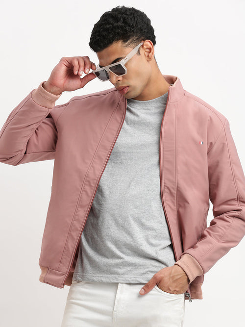 Men Mock Collar Peach Solid Bomber Jacket-ZD-3414-Peach