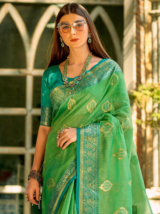 Saree Mall Women's  Blend Green Woven Design Designer Saree With Blouse Piece-ZILMIL390001