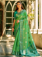 Saree Mall Women's  Blend Green Woven Design Designer Saree With Blouse Piece-ZILMIL390001